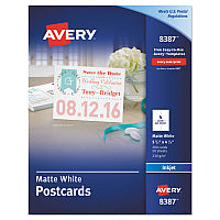Avery Printable Postcards, Inkjet, 85 lb, 4.25 x 5.5, Matte White, 200 Cards, 4 Cards/Sheet, 50 Sheets/Box (8387)