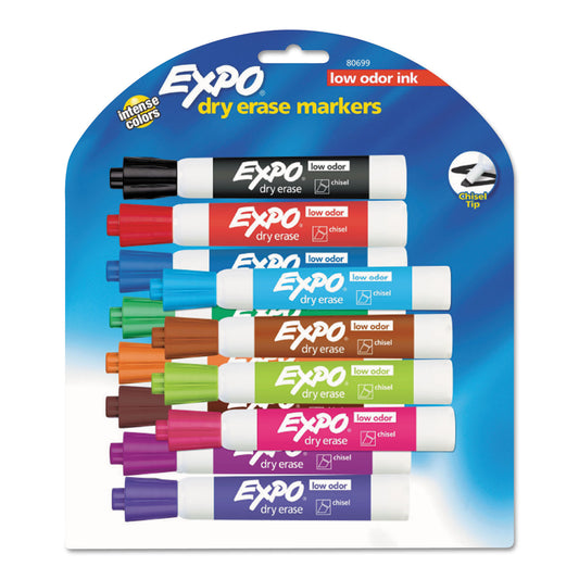 EXPO Low-Odor Dry-Erase Marker, Broad Chisel Tip, Assorted Colors, 12/Set (80699)