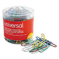 Universal Plastic-Coated Paper Clips with One-Compartment Dispenser Tub, Jumbo, Assorted Colors, 250/Pack (UNV95000)