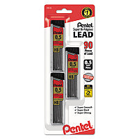 Pentel Super Hi-Polymer Lead Refills, 0.5 mm, HB, Black, 30/Tube, 3 Tubes/Pack (C25BPHB3K6)