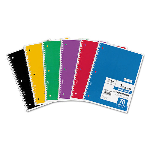 Mead Spiral Notebook, 1 Subject, Wide Rule, Assorted Covers, 10.5 x 8, 70 Sheets, 6/Pack