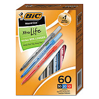 BIC Round Stic Xtra Precision Ballpoint Pen Value Pack, Stick, Medium 1 mm, Assorted Ink and Barrel Colors, 60/Pack (GSM609AST)
