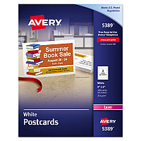 Avery Printable Postcards, Laser, 80 lb, 4 x 6, Uncoated White, 100 Cards, 2/Cards/Sheet, 50 Sheets/Box (5389)