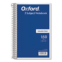Oxford Coil-Lock Wirebound Notebooks, 3-Subject, Medium/College Rule, Randomly Assorted Cover Color, (150) 9.5 x 6 Sheets (65362)