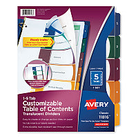 Avery Customizable Table of Contents Ready Index Dividers with Multicolor Tabs, 5-Tab, 1 to 5, 11 x 8.5, Translucent, 1 Set (11816)