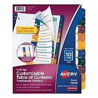 Avery Customizable Table of Contents Ready Index Dividers with Multicolor Tabs, 10-Tab, 1 to 10, 11 x 8.5, Translucent, 1 Set (11818)