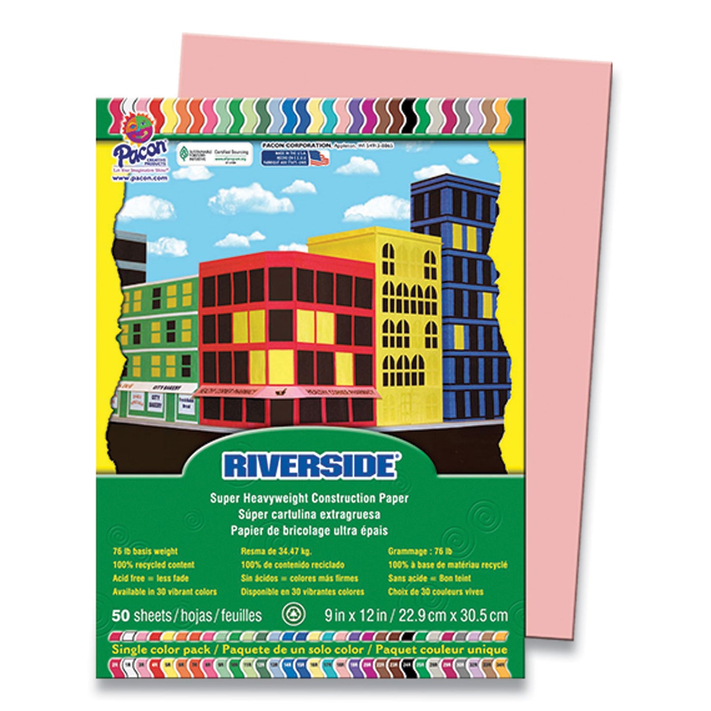 Pacon Riverside Construction Paper, 76 lb Text Weight, 9 x 12, Salmon, 50/Pack (03970)