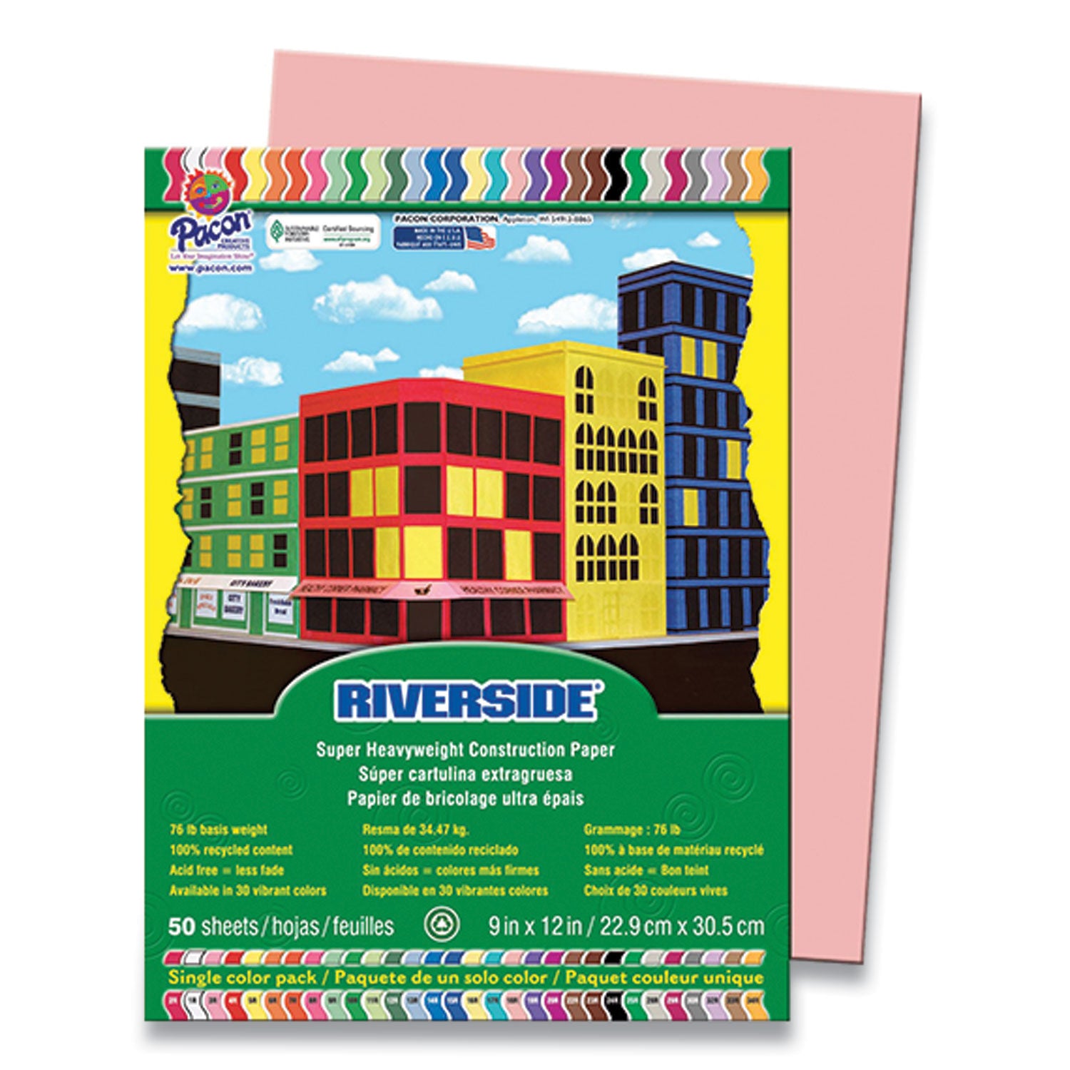 Pacon Riverside Construction Paper, 76 lb Text Weight, 9 x 12, Salmon, 50/Pack (03970)