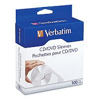 Verbatim CD/DVD Sleeves, 1 Disc Capacity, Clear/White, 100/Box (49976)