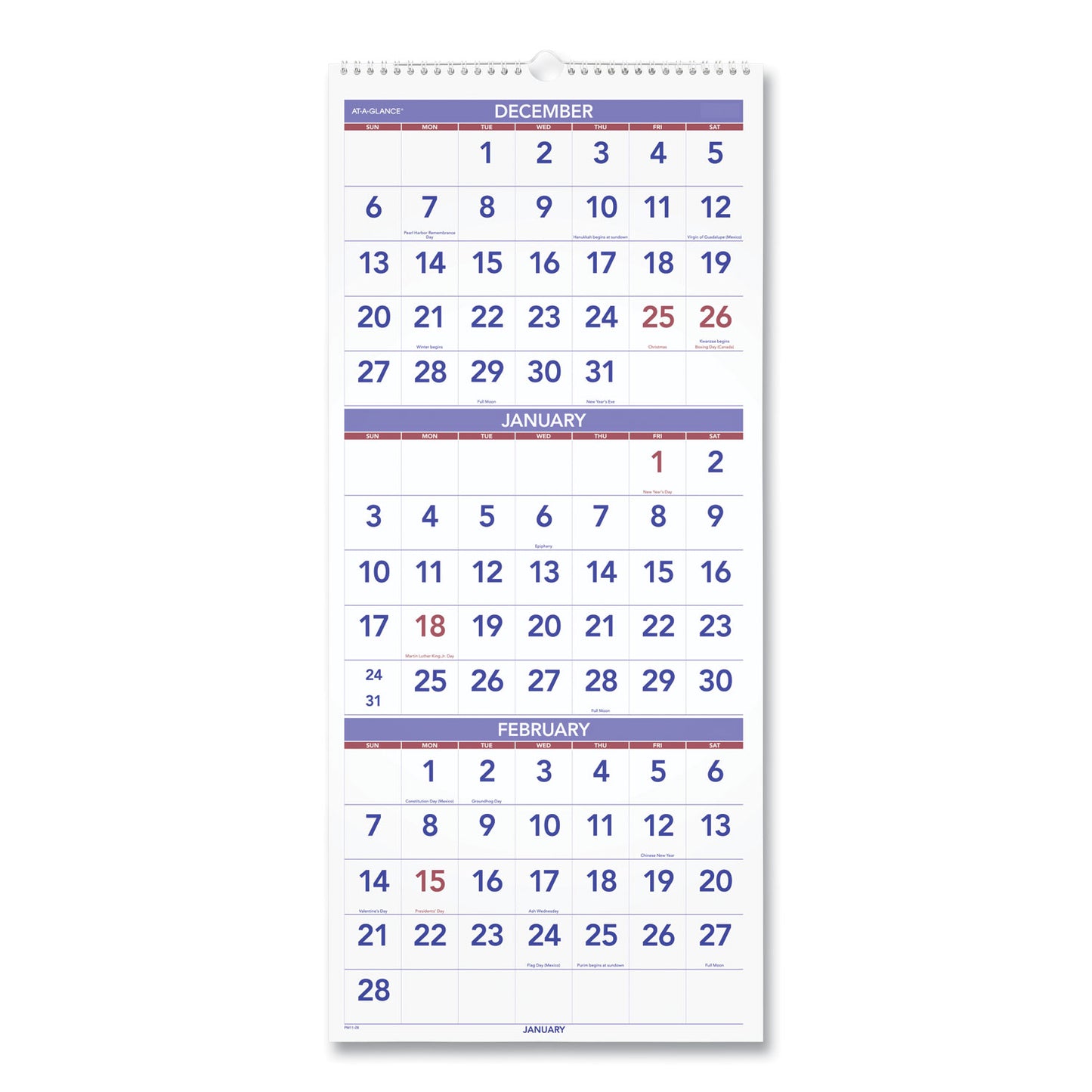 AT-A-GLANCE Deluxe Three-Month Reference Wall Calendar, Vertical Orientation, 12 x 27, White Sheets, 14-Month: Dec 2025 to Jan 2027 (PM1128)