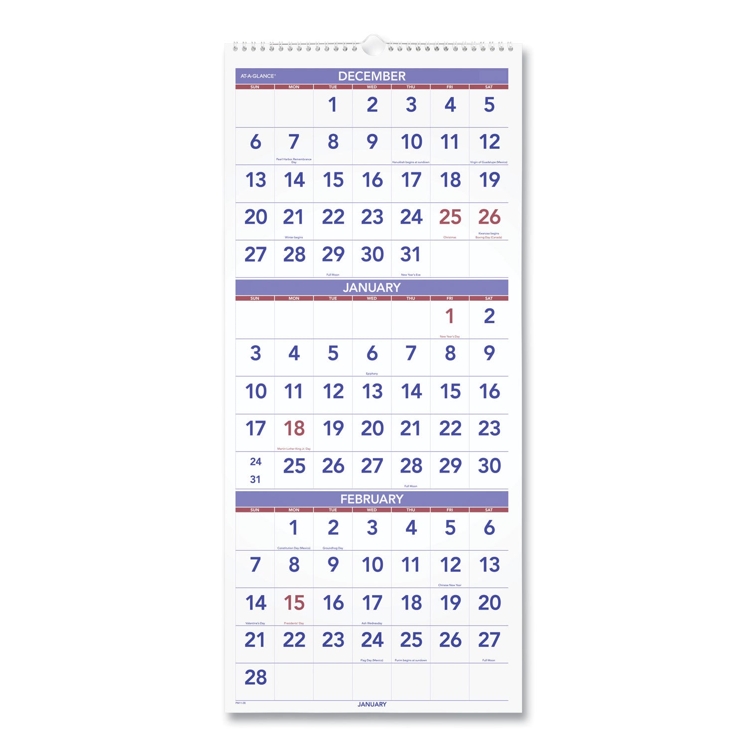 AT-A-GLANCE Deluxe Three-Month Reference Wall Calendar, Vertical Orientation, 12 x 27, White Sheets, 14-Month: Dec 2025 to Jan 2027 (PM1128)