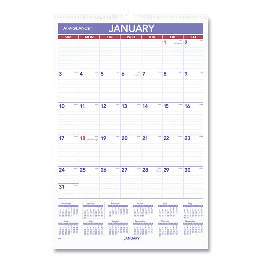 AT-A-GLANCE Monthly Wall Calendar with Ruled Daily Blocks, 15.5 x 22.75, White Sheets, 12-Month (Jan to Dec): 2026 (PM328)