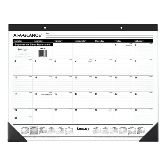At-A-Glance Monthly Desk Pad Calendar Standard - Julian Dates - Monthly - 1 Year - January 2026 to December 2026 - 1 Month Single Page Layout - 21 3/4" x 17" Sheet Size - White Sheet - 2.87" x 2.37" Block - Headband - Desk Pad - Black, White - Pa (SK2400)