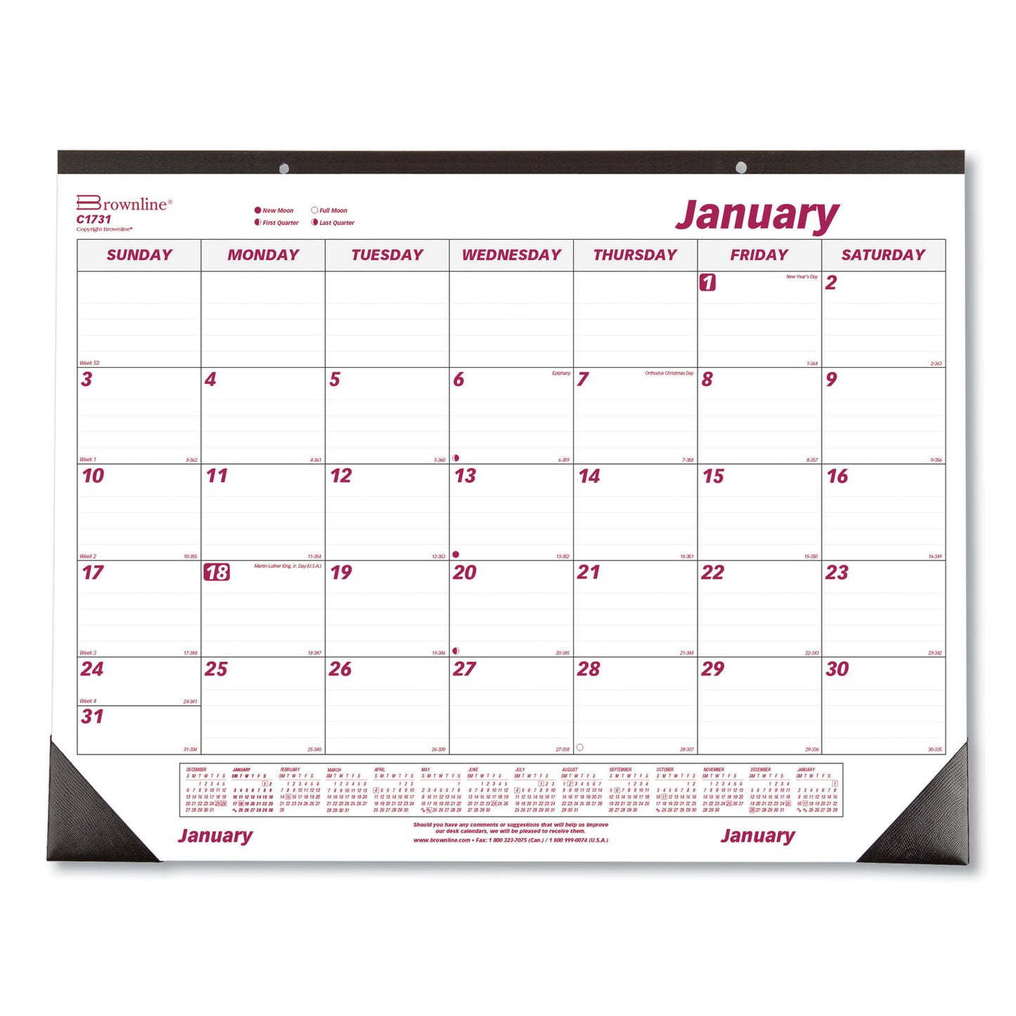 Brownline Monthly Desk Pad Calendar, 22 x 17, White/Burgundy Sheets, Black Binding, Black Corners, 12-Month (Jan to Dec): 2026 (C1731)