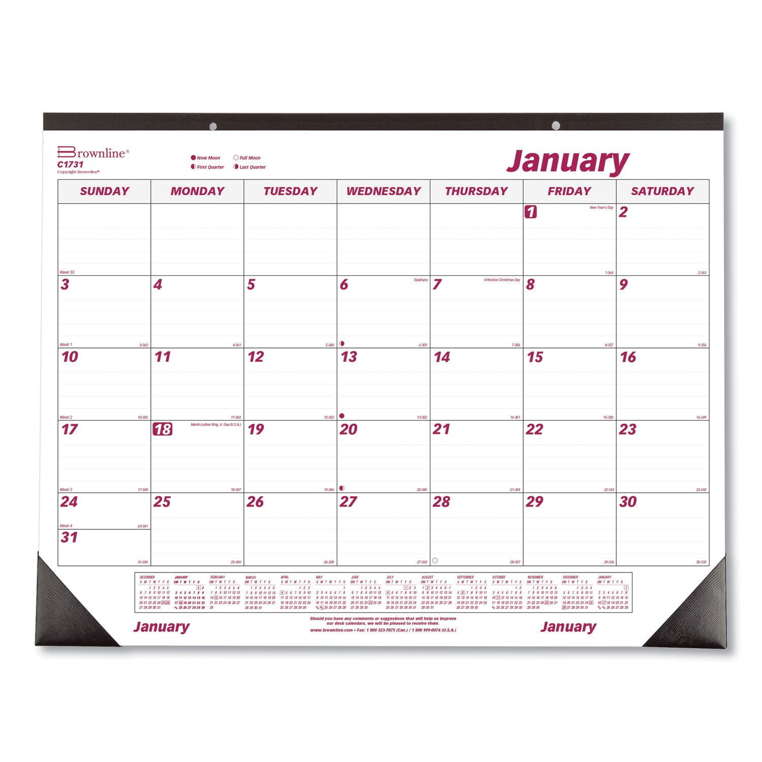 Brownline Monthly Desk Pad Calendar, 22 x 17, White/Burgundy Sheets, Black Binding, Black Corners, 12-Month (Jan to Dec): 2026 (C1731)