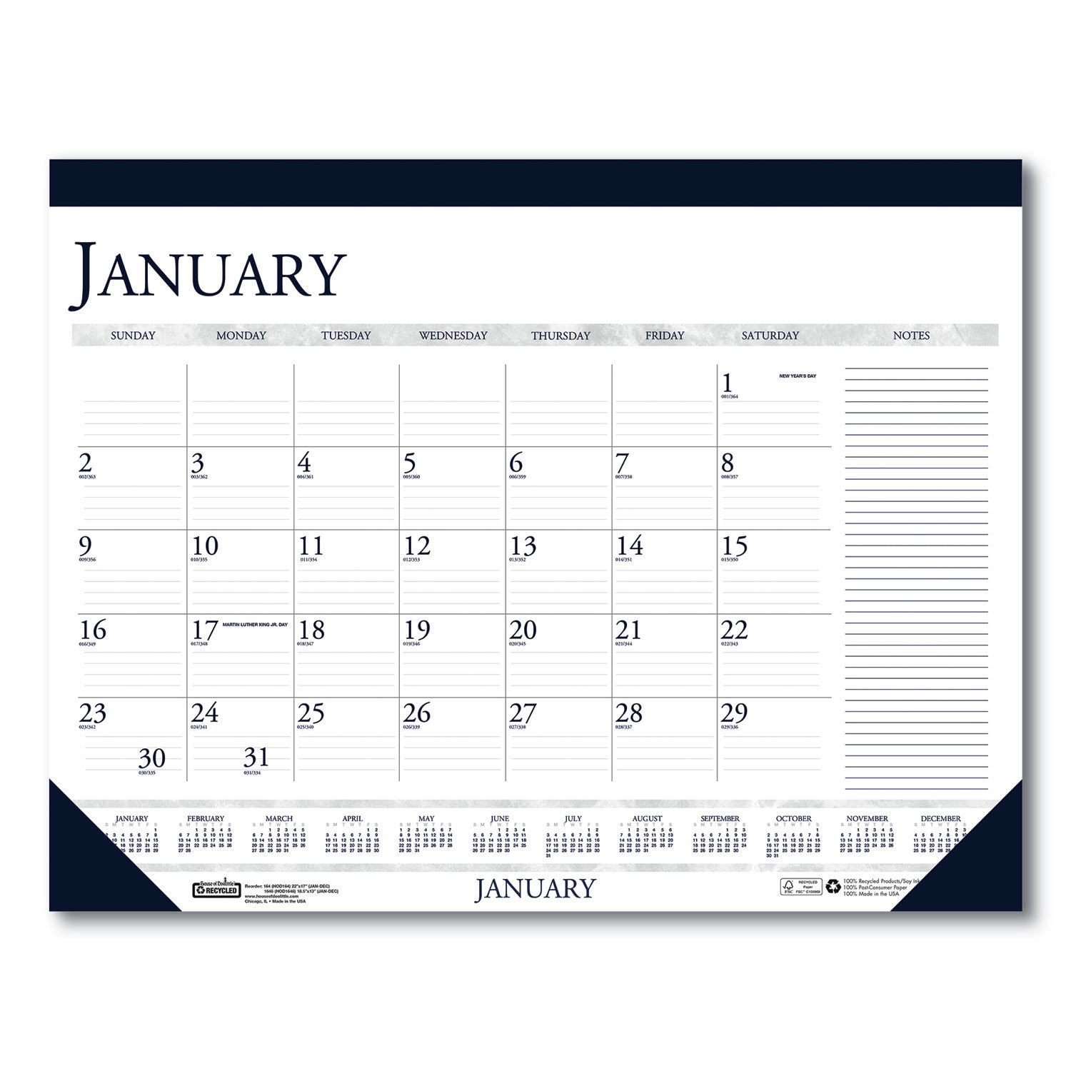 House of Doolittle Recycled Monthly Desk Pad Calendar w/ Notes, 22 x 17, Blue, 2026 (164)