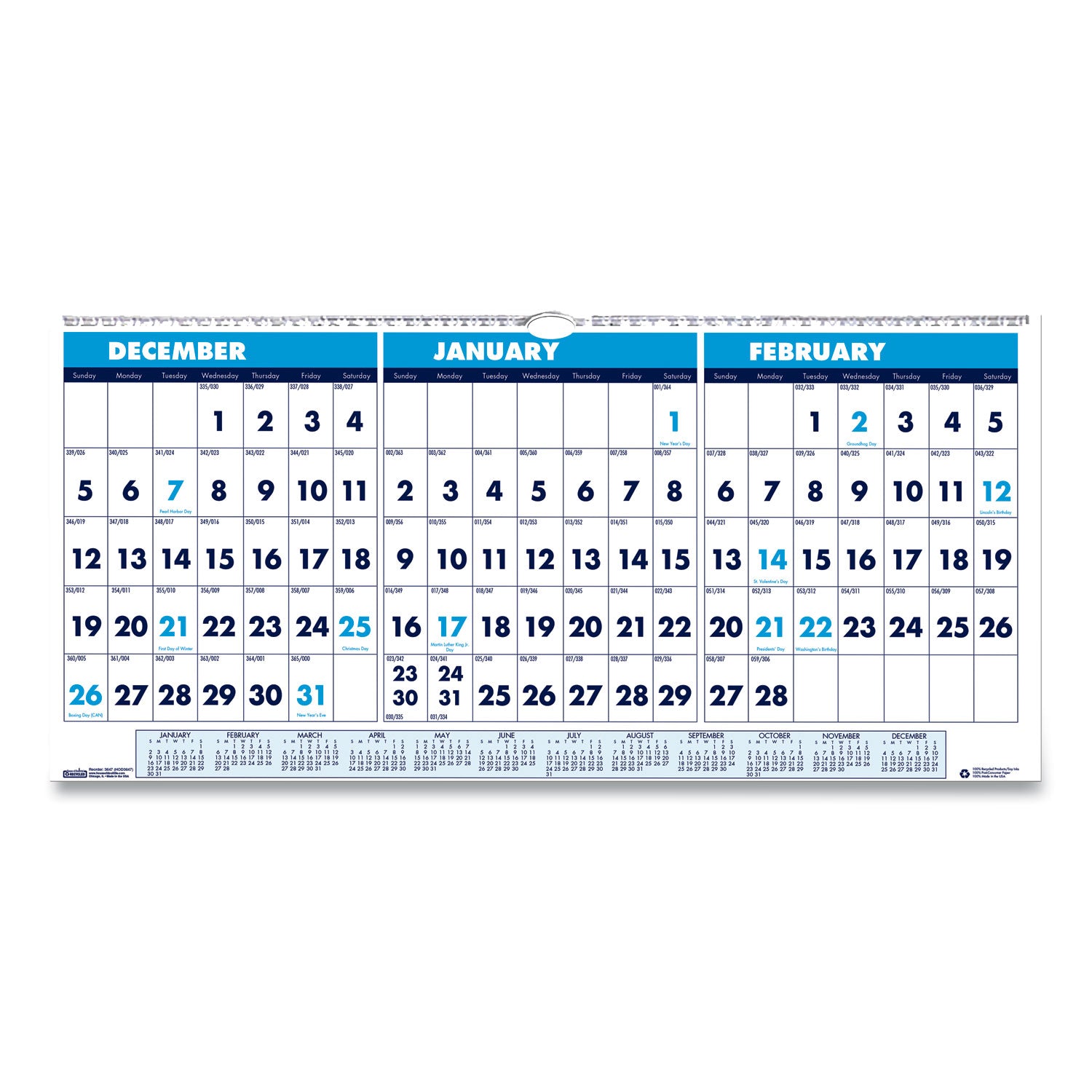 House of Doolittle Recycled Three-Month Format Wall Calendar, Horizontal Orientation, 23.5 x 12, White Sheets, 14-Month: Dec 2025 to Jan 2027 (3648)