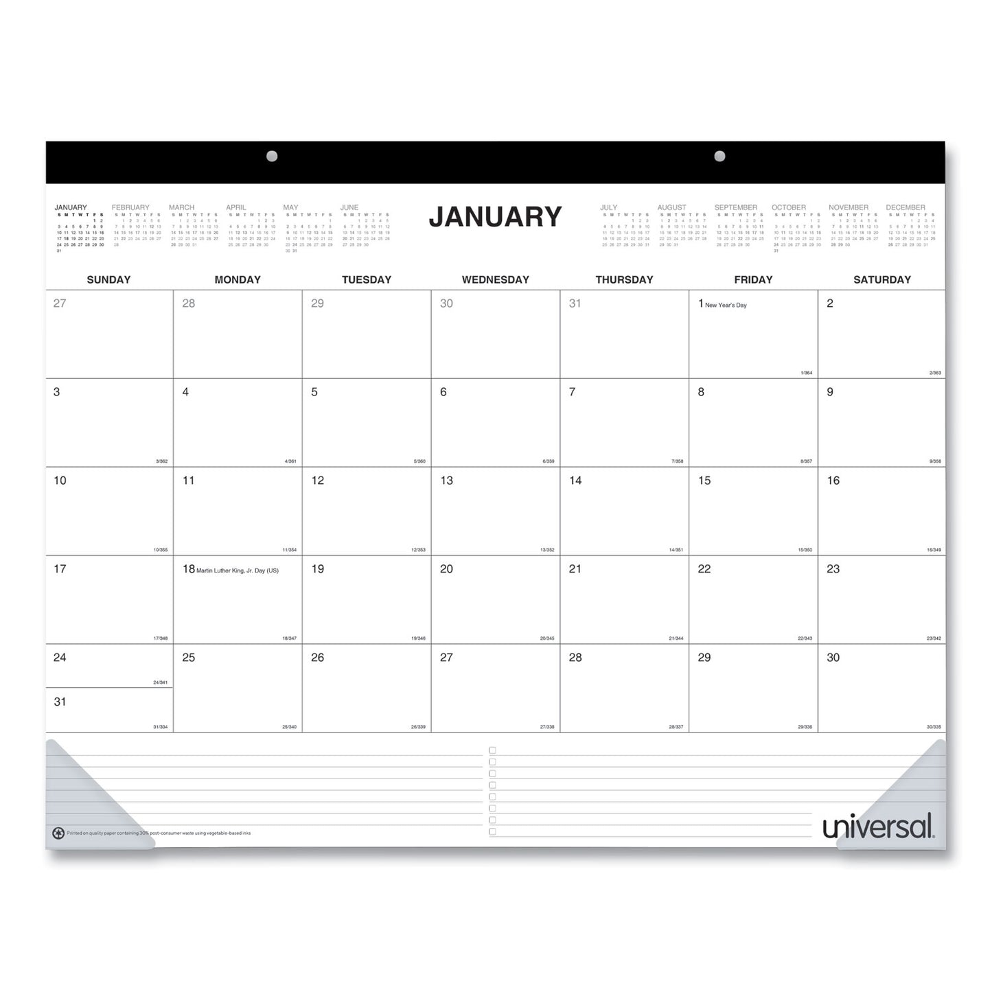 Universal Desk Pad Calendar, 22 x 17, White Sheets, Black Binding, Clear Corners, 12-Month (Jan to Dec): 2026 (71002)