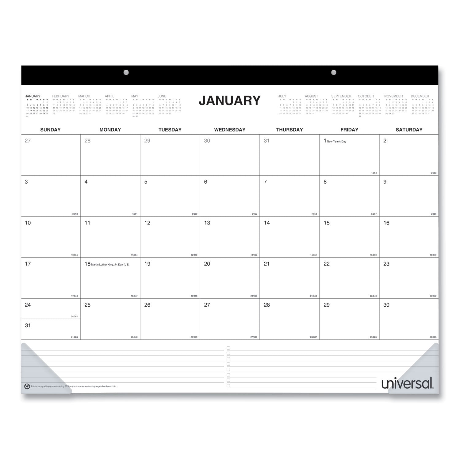 Universal Desk Pad Calendar, 22 x 17, White Sheets, Black Binding, Clear Corners, 12-Month (Jan to Dec): 2026 (71002)