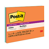 Post-it Meeting Notes in Energy Boost Collection Colors, 8" x 6", 45 Sheets/Pad, 4 Pads/Pack (6845SSP)