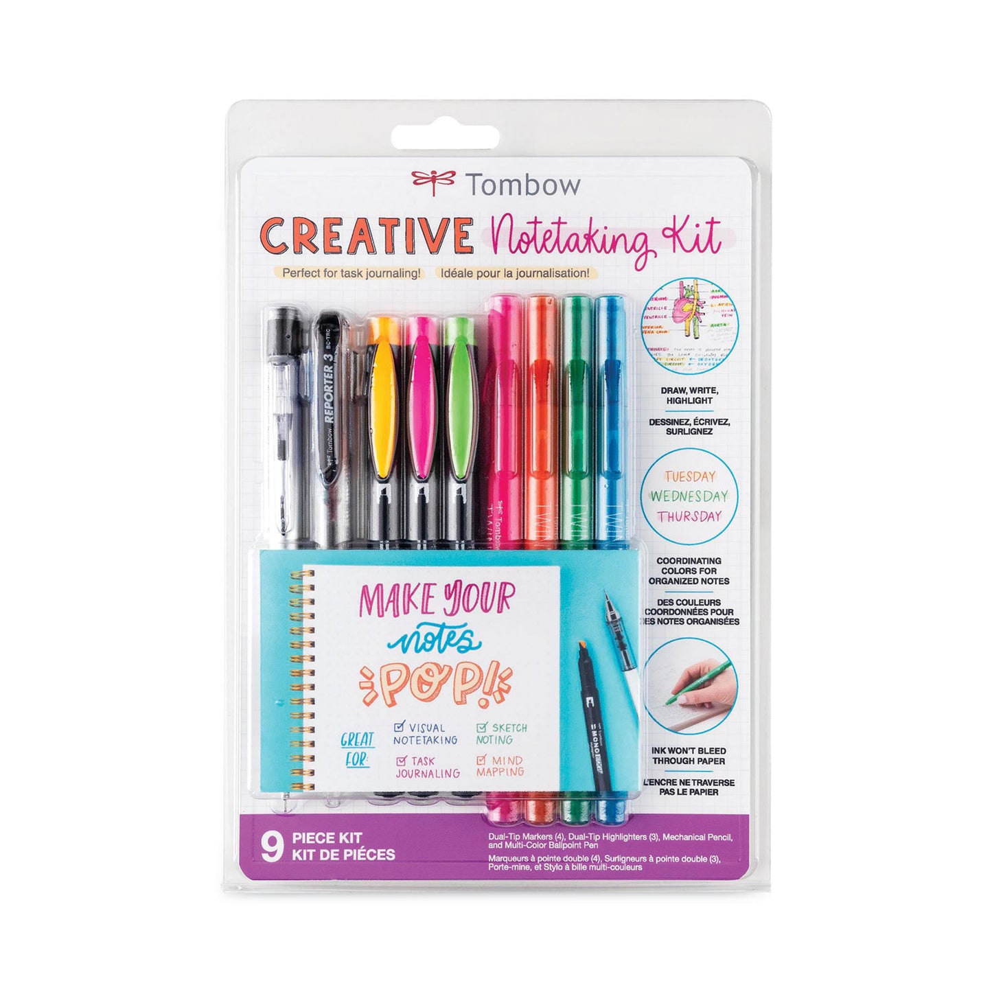 Tombow Creative Notetaking Kit, 0.7mm Ballpoint Pen, 0.5mm HB Pencil, (4) Bullet/Chisel Tip Markers,(3) Chisel/Fine Tip Highlighters (56301)