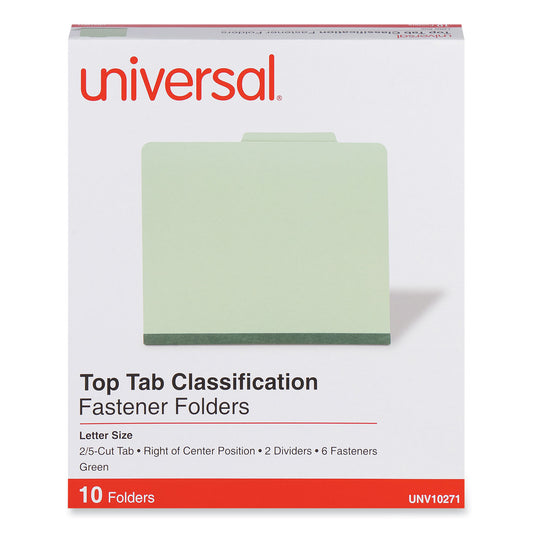 Universal Six-Section Pressboard Classification Folders, 2" Expansion, 2 Dividers, 6 Fasteners, Letter Size, Green Exterior, 10/Box (UNV10271)