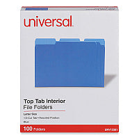 Universal Interior File Folders, 1/3-Cut Tabs: Assorted, Letter Size, 11-pt Stock, Blue, 100/Box (UNV12301)