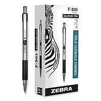 Zebra F-301 Ballpoint Pen, Retractable, Fine 0.7 mm, Black Ink, Stainless Steel/Black Barrel (27110)