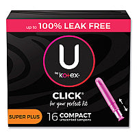 U by Kotex Click Compact Tampons, Super Plus Absorbency, 16/Pack, 8 Packs/Carton (51582)
