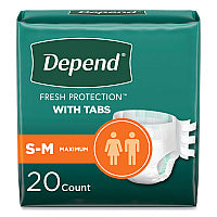 Depend Incontinence Protection with Tabs, Small/Medium, 19" to 34" Waist, 20/Pack, 3 Packs/Carton (35456)