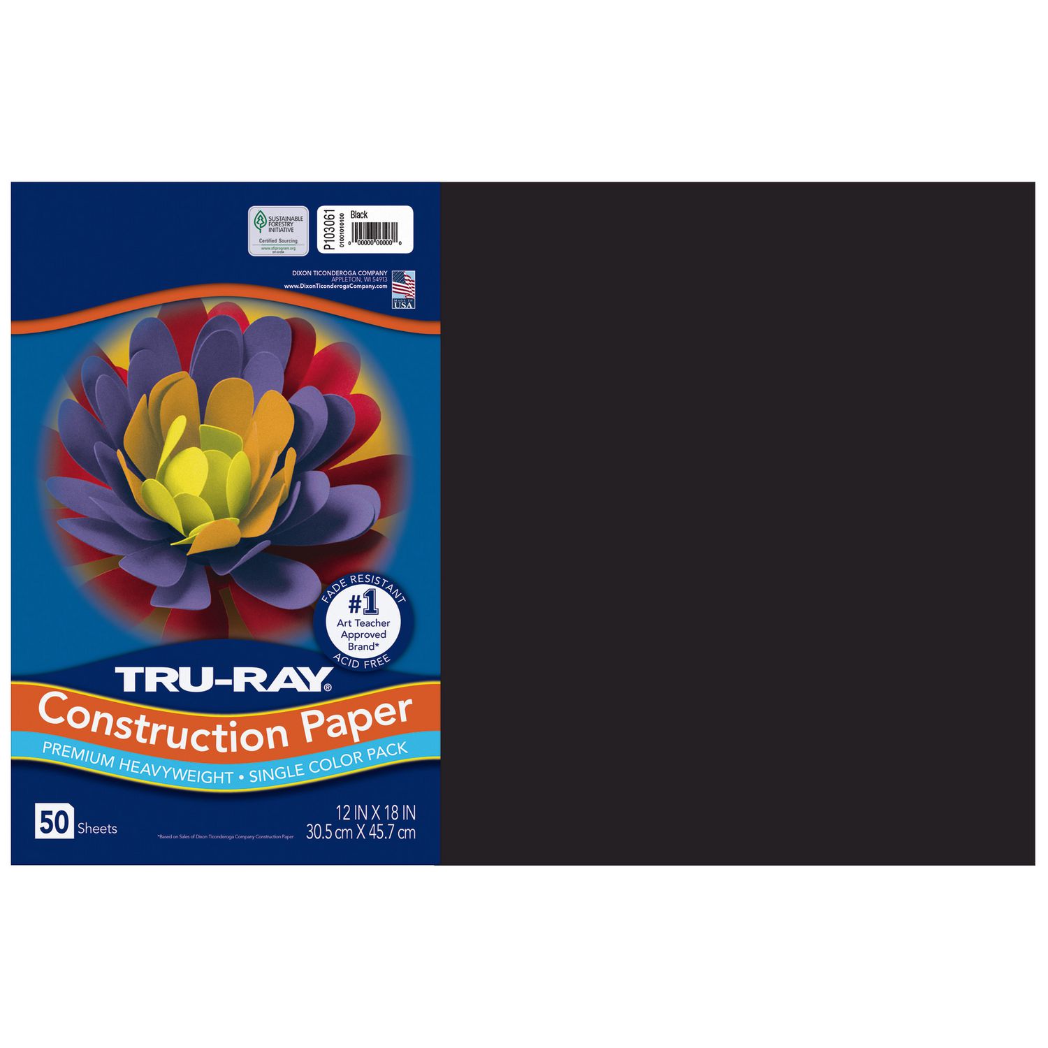 Pacon Tru-Ray Construction Paper, 76 lb Text Weight, 12 x 18, Black, 50/Pack, 25 Packs/Carton (103061CT)