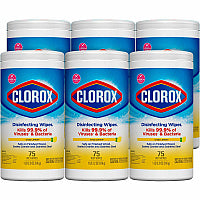 Clorox Disinfecting Wipes, 1-Ply, 7 x 7.75, Crisp Lemon, White, 75/Canister, 6 Canisters/Carton (01628)