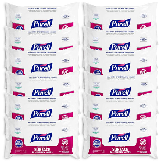 PURELL Foodservice Surface Sanitizing Wipes, 1-Ply, 7.4 x 9, Fragrance-Free, White, 72/Pouch, 12 Pouches/Carton (937112CT)
